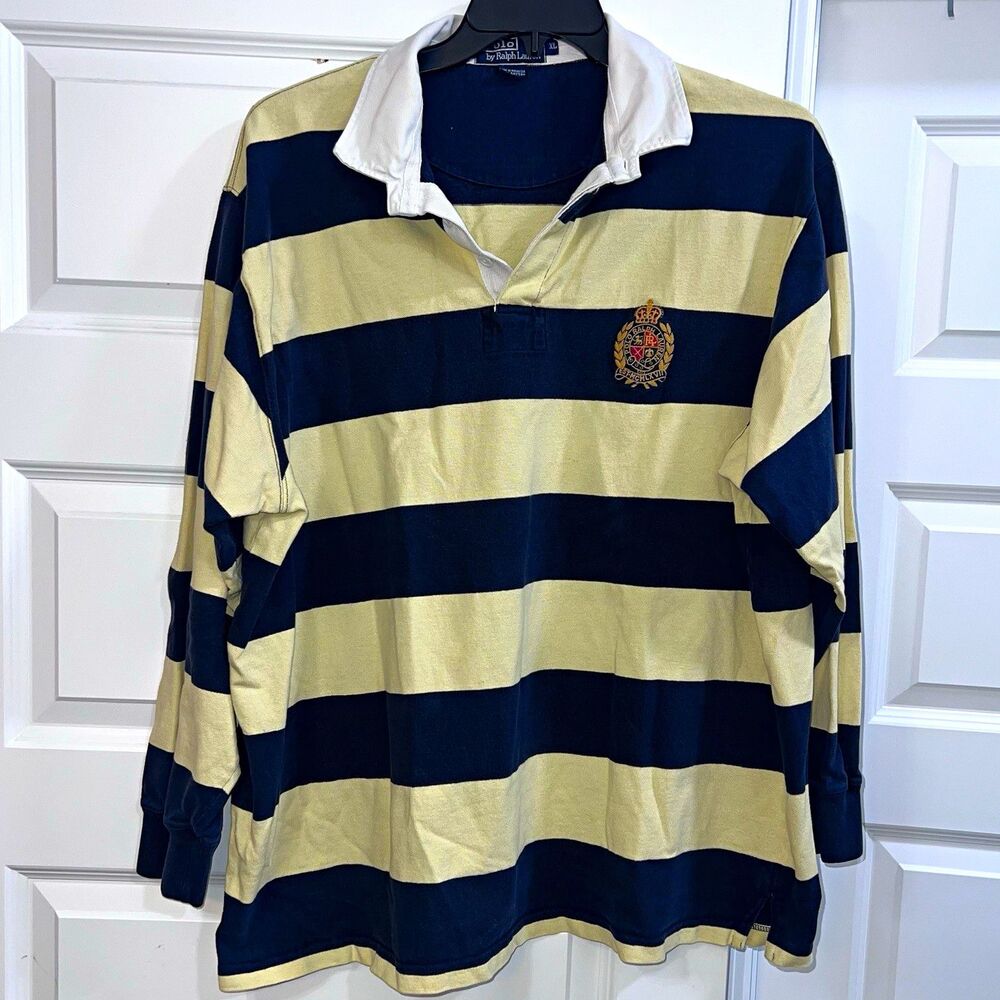 Polo Ralph Lauren Men's XL Navy Beige Striped Rugby Polo Long Sleeve Vintage